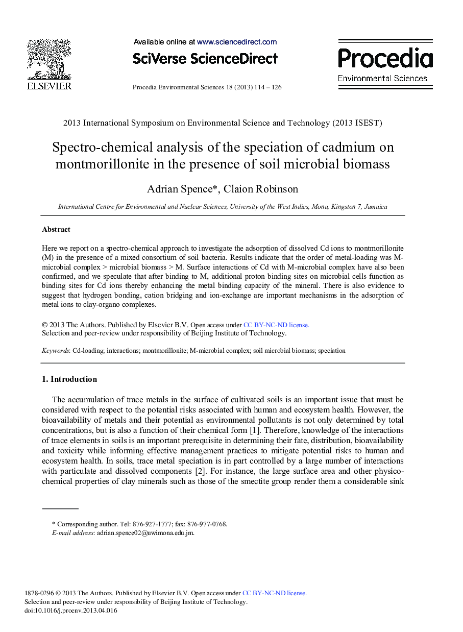 عکس صفحه اول مقاله: Spectro-Chemical Analysis of the Speciation of Cadmium on Montmorillonite in the Presence of Soil Microbial Biomass Spectro-Chemical Analysis of the Speciation of Cadmium on Montmorillonite in the Presence of Soil Microbial Biomass