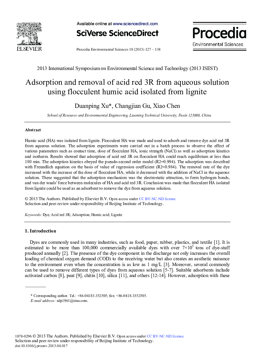عکس صفحه اول مقاله: Adsorption and Removal of Acid Red 3R from Aqueous Solution Using Flocculent Humic Acid Isolated from Lignite Adsorption and Removal of Acid Red 3R from Aqueous Solution Using Flocculent Humic Acid Isolated from Lignite
