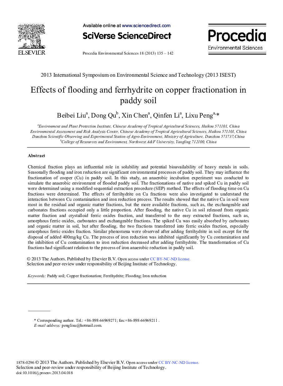 عکس صفحه اول مقاله: Effects of Flooding and Ferrhydrite on Copper Fractionation in Paddy Soil Effects of Flooding and Ferrhydrite on Copper Fractionation in Paddy Soil