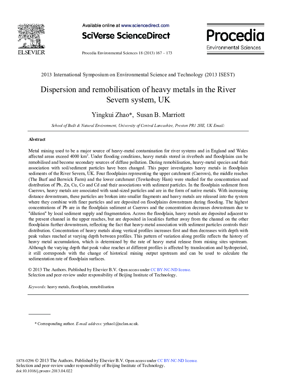 عکس صفحه اول مقاله: Dispersion and Remobilisation of Heavy Metals in the River Severn System, UK Dispersion and Remobilisation of Heavy Metals in the River Severn System, UK