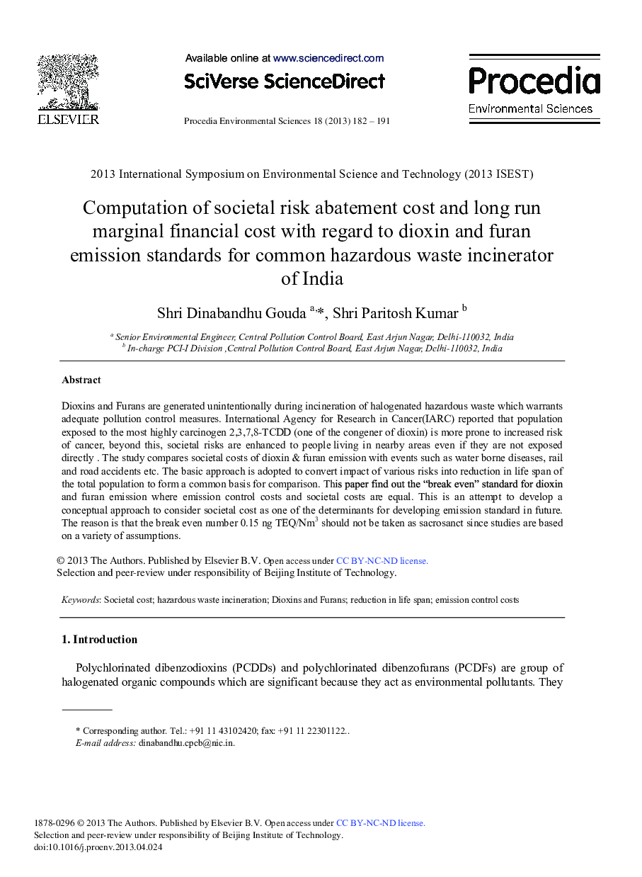 عکس صفحه اول مقاله: Computation of Societal Risk Abatement Cost and Long Run Marginal Financial Cost with Regard to Dioxin and Furan Emission Standards for Common Hazardous Waste Incinerator of India Computation of Societal Risk Abatement Cost and Long Run Marginal Financial Cost with Regard to Dioxin and Furan Emission Standards for Common Hazardous Waste Incinerator of India