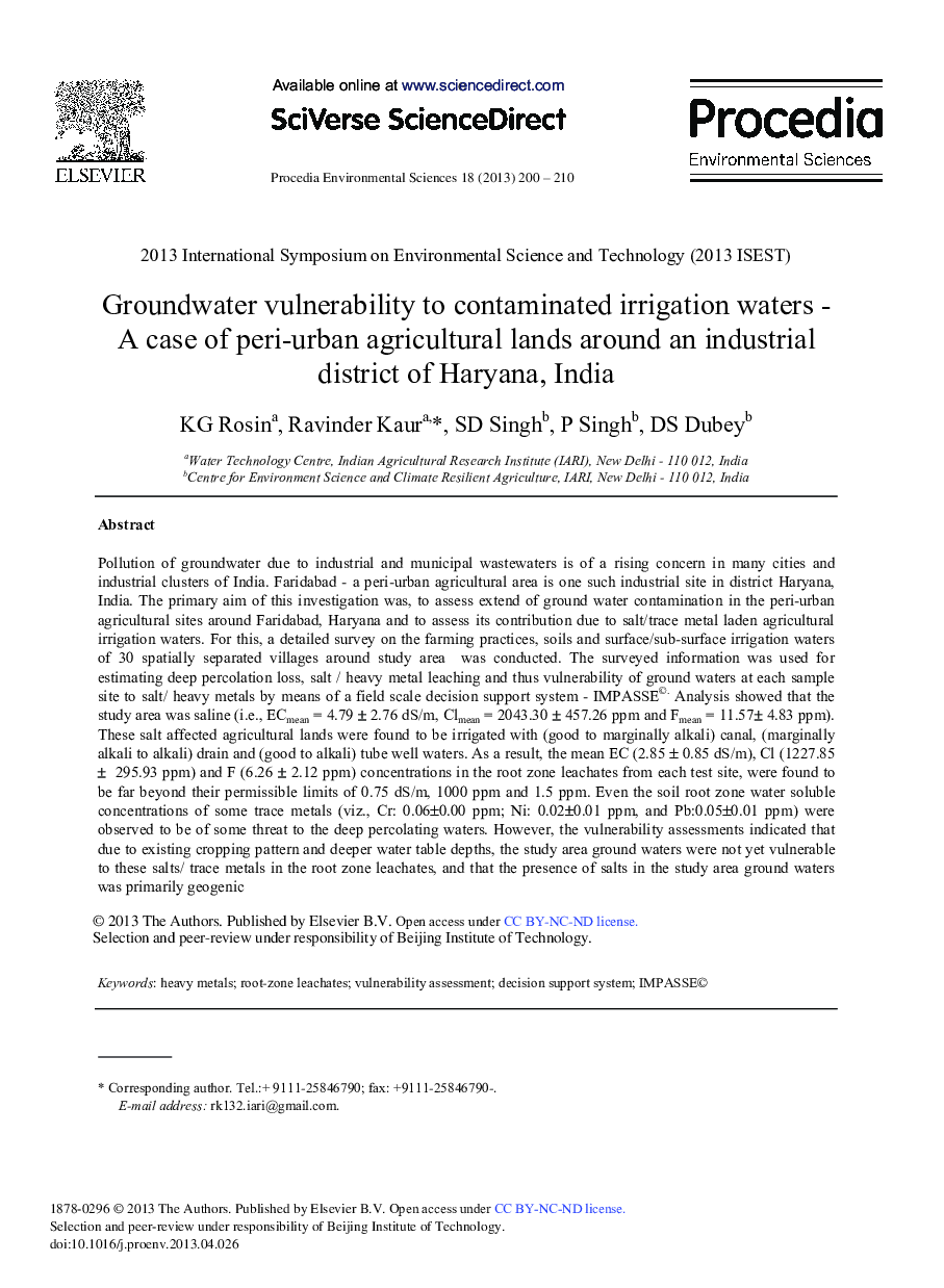 عکس صفحه اول مقاله: Groundwater Vulnerability to Contaminated Irrigation Waters - A Case of Peri-Urban Agricultural Lands Around an Industrial District of Haryana, India Groundwater Vulnerability to Contaminated Irrigation Waters - A Case of Peri-Urban Agricultural Lands Around an Industrial District of Haryana, India