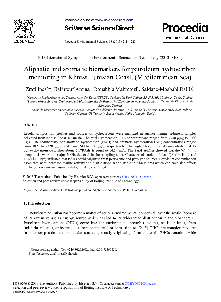 عکس صفحه اول مقاله: Aliphatic and Aromatic Biomarkers for Petroleum Hydrocarbon Monitoring in Khniss Tunisian-Coast, (Mediterranean Sea) Aliphatic and Aromatic Biomarkers for Petroleum Hydrocarbon Monitoring in Khniss Tunisian-Coast, (Mediterranean Sea)