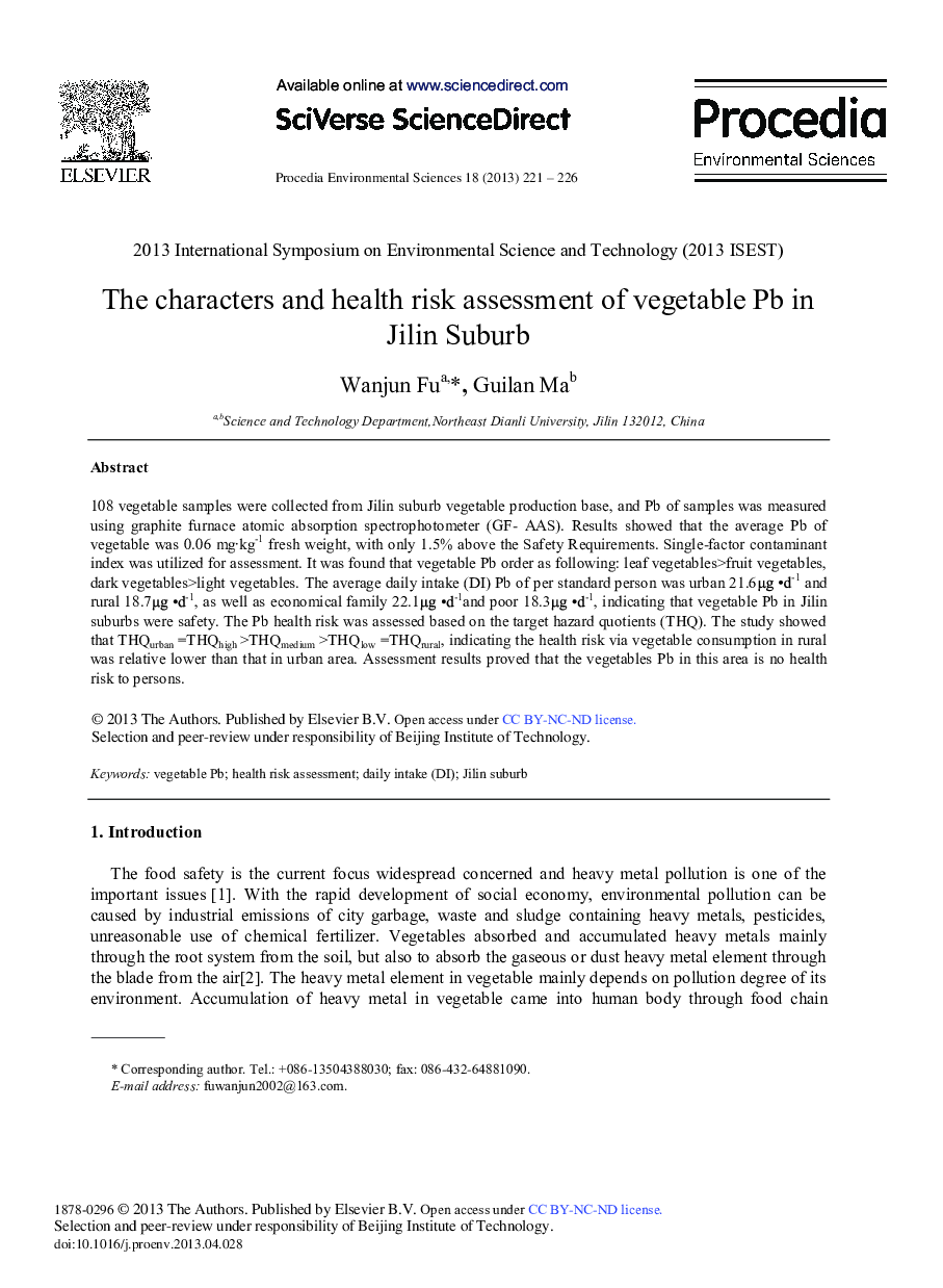 عکس صفحه اول مقاله: The Characters and Health Risk Assessment of Vegetable Pb in Jilin Suburb The Characters and Health Risk Assessment of Vegetable Pb in Jilin Suburb