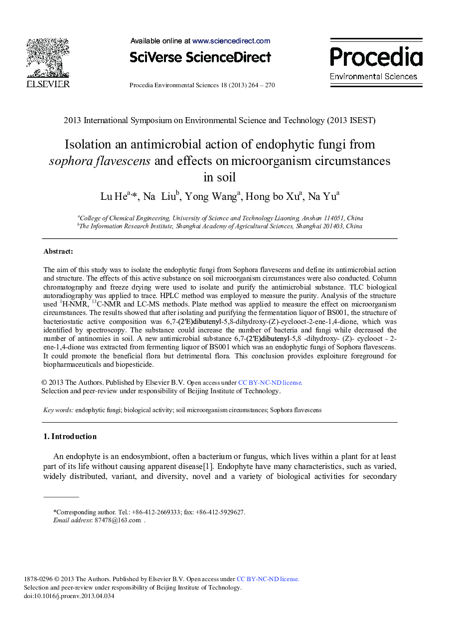 عکس صفحه اول مقاله: Isolation an Antimicrobial Action of Endophytic Fungi from Sophora Flavescens and Effects on Microorganism Circumstances in Soil Isolation an Antimicrobial Action of Endophytic Fungi from Sophora Flavescens and Effects on Microorganism Circumstances in Soil