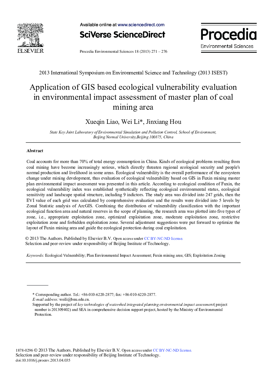 عکس صفحه اول مقاله: Application of GIS Based Ecological Vulnerability Evaluation in Environmental Impact Assessment of Master Plan of Coal Mining Area Application of GIS Based Ecological Vulnerability Evaluation in Environmental Impact Assessment of Master Plan of Coal Mining Area