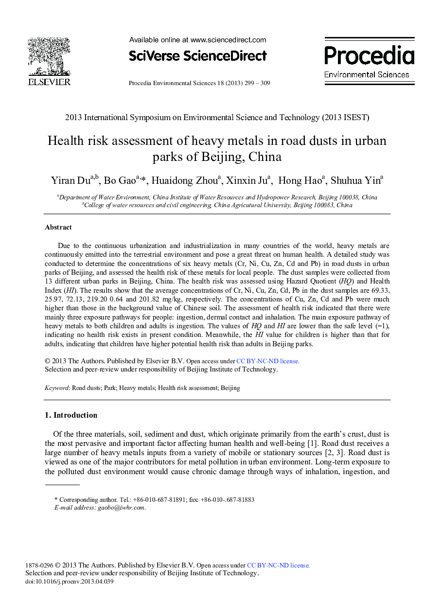 عکس صفحه اول مقاله: Health Risk Assessment of Heavy Metals in Road Dusts in Urban Parks of Beijing, China Health Risk Assessment of Heavy Metals in Road Dusts in Urban Parks of Beijing, China