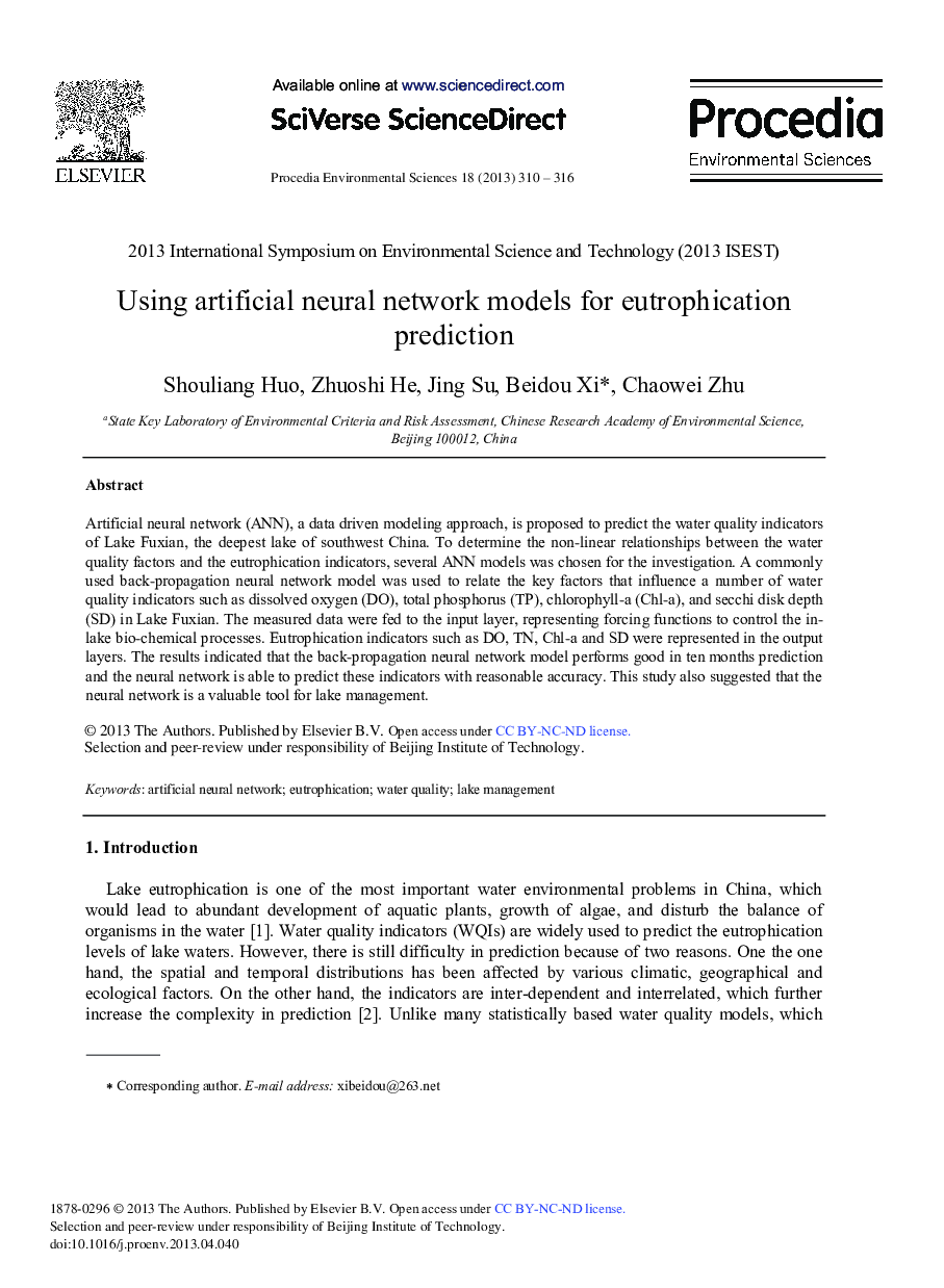 عکس صفحه اول مقاله: Using Artificial Neural Network Models for Eutrophication Prediction Using Artificial Neural Network Models for Eutrophication Prediction