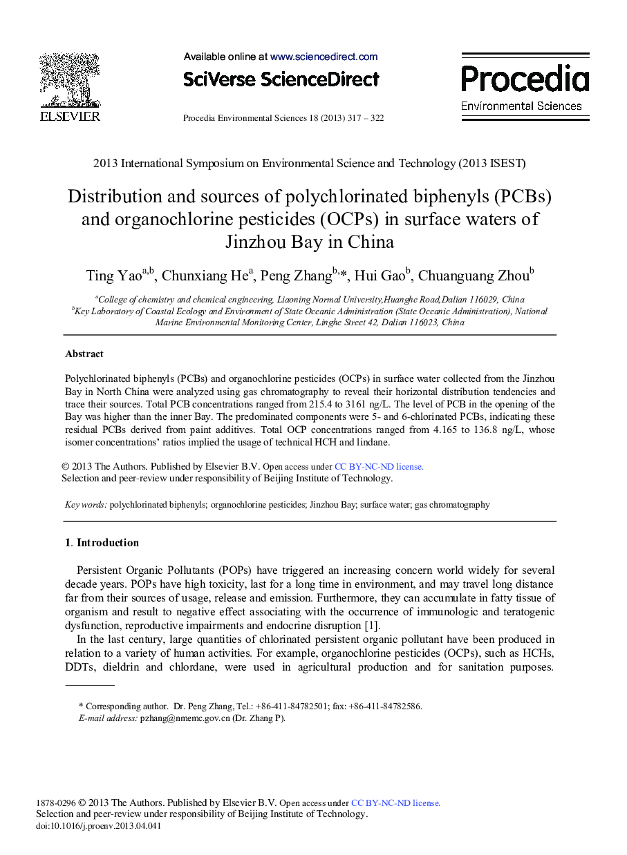 عکس صفحه اول مقاله: Distribution and Sources of Polychlorinated Biphenyls (PCBs) and Organochlorine Pesticides (OCPs) in Surface Waters of Jinzhou Bay in China Distribution and Sources of Polychlorinated Biphenyls (PCBs) and Organochlorine Pesticides (OCPs) in Surface Waters of Jinzhou Bay in China