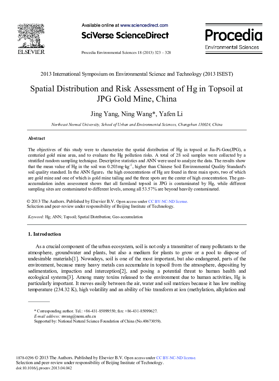 عکس صفحه اول مقاله: Spatial Distribution and Risk Assessment of Hg in Topsoil at JPG Gold Mine, China Spatial Distribution and Risk Assessment of Hg in Topsoil at JPG Gold Mine, China
