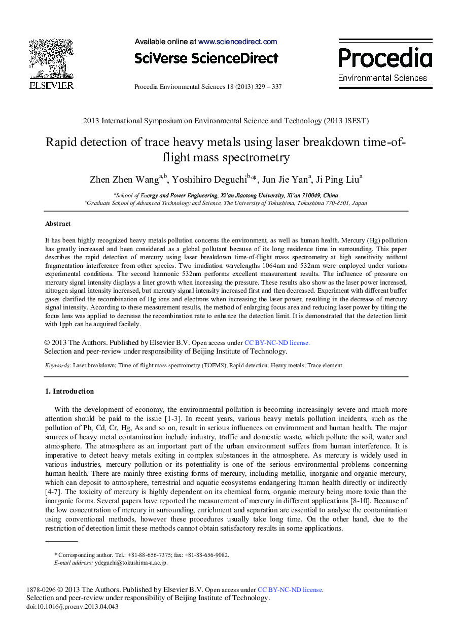 عکس صفحه اول مقاله: Rapid Detection of Trace Heavy Metals using Laser Breakdown Time-of-Flight Mass Spectrometry Rapid Detection of Trace Heavy Metals using Laser Breakdown Time-of-Flight Mass Spectrometry