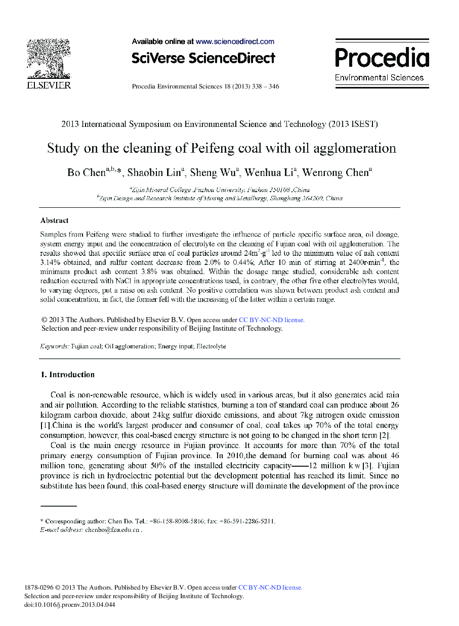 عکس صفحه اول مقاله: Study on the Cleaning of Peifeng Coal with Oil Agglomeration Study on the Cleaning of Peifeng Coal with Oil Agglomeration