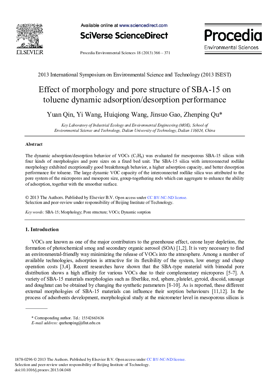 عکس صفحه اول مقاله: Effect of Morphology and Pore Structure of SBA-15 on Toluene Dynamic Adsorption/Desorption Performance Effect of Morphology and Pore Structure of SBA-15 on Toluene Dynamic Adsorption/Desorption Performance