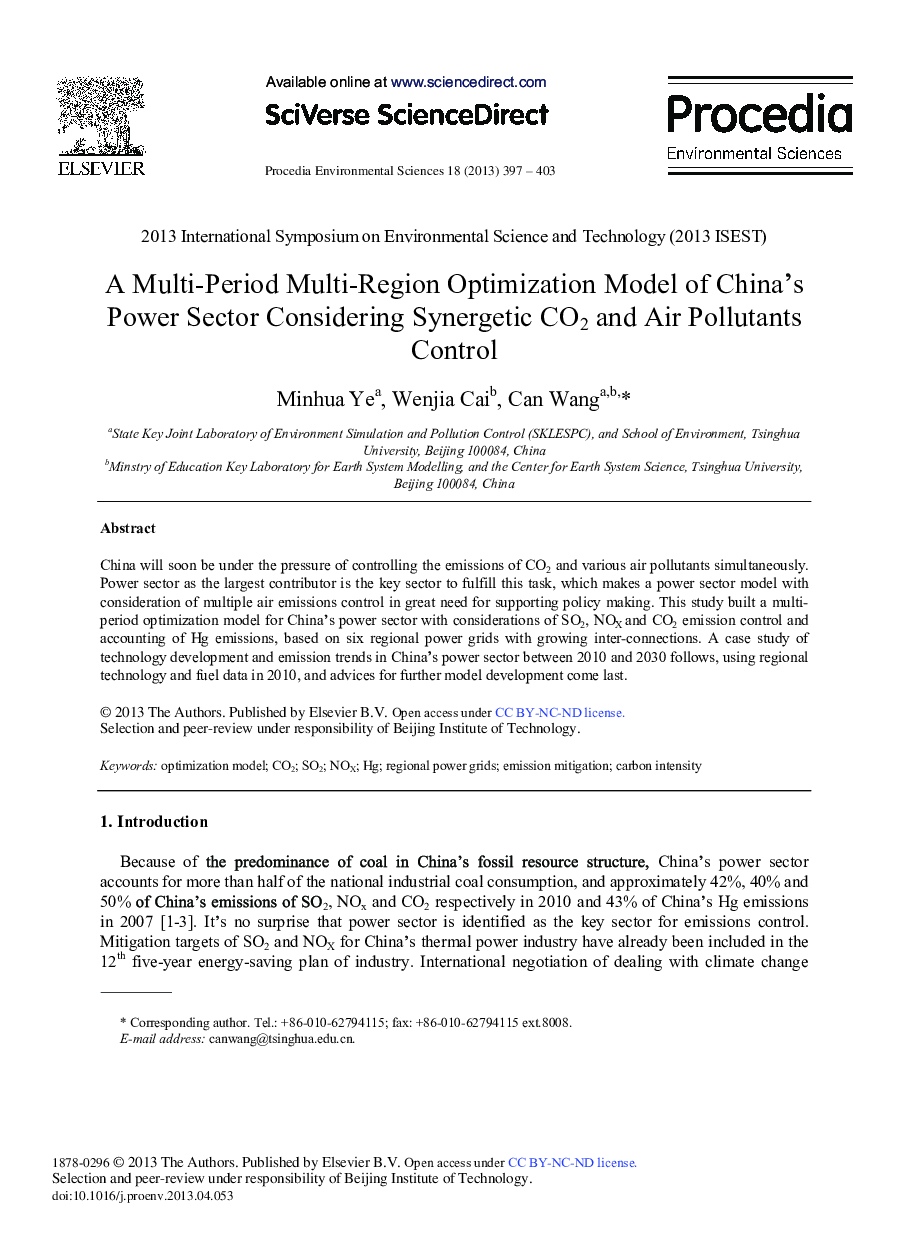 عکس صفحه اول مقاله: A Multi-Period Multi-Region Optimization Model of China's Power Sector Considering Synergetic CO2 and Air Pollutants Control A Multi-Period Multi-Region Optimization Model of China's Power Sector Considering Synergetic CO2 and Air Pollutants Control