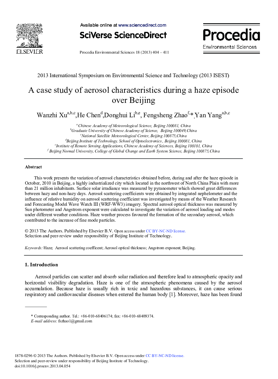 عکس صفحه اول مقاله: A Case Study of Aerosol Characteristics During a Haze Episode Over Beijing A Case Study of Aerosol Characteristics During a Haze Episode Over Beijing