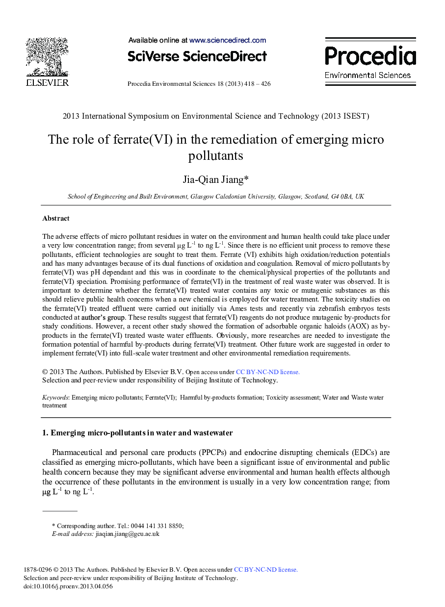 عکس صفحه اول مقاله: The Role of Ferrate(VI) in the Remediation of Emerging Micro Pollutants The Role of Ferrate(VI) in the Remediation of Emerging Micro Pollutants