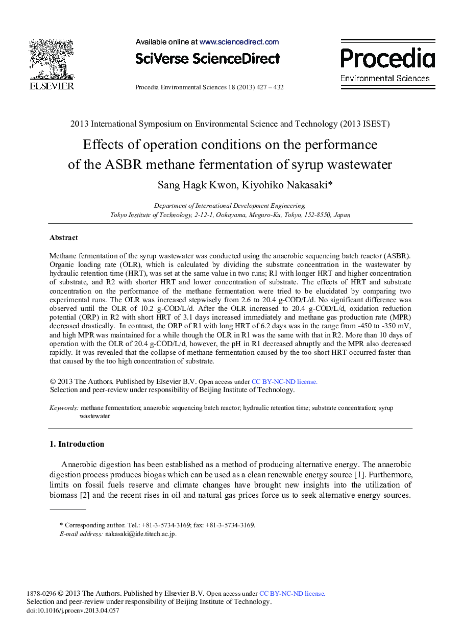 عکس صفحه اول مقاله: Effects of Operation Conditions on the Performance of the ASBR Methane Fermentation of Syrup Wastewater Effects of Operation Conditions on the Performance of the ASBR Methane Fermentation of Syrup Wastewater