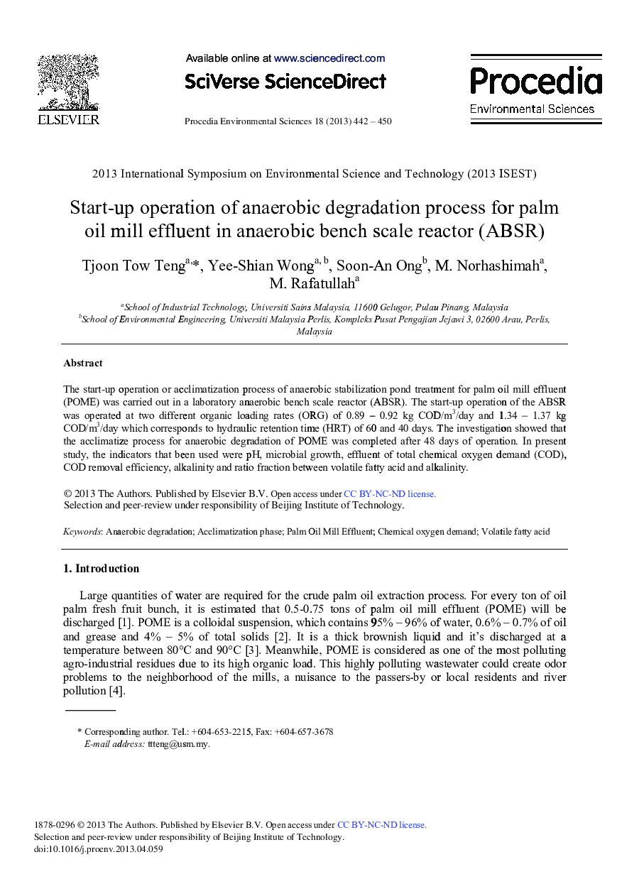 عکس صفحه اول مقاله: Start-up Operation of Anaerobic Degradation Process for Palm Oil Mill Effluent in Anaerobic Bench Scale Reactor (ABSR) Start-up Operation of Anaerobic Degradation Process for Palm Oil Mill Effluent in Anaerobic Bench Scale Reactor (ABSR)