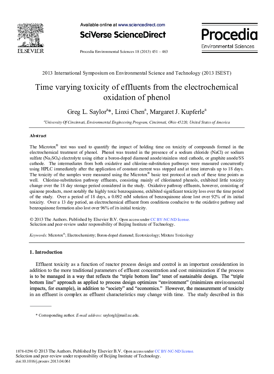 عکس صفحه اول مقاله: Time Varying Toxicity of Effluents from the Electrochemical Oxidation of Phenol Time Varying Toxicity of Effluents from the Electrochemical Oxidation of Phenol