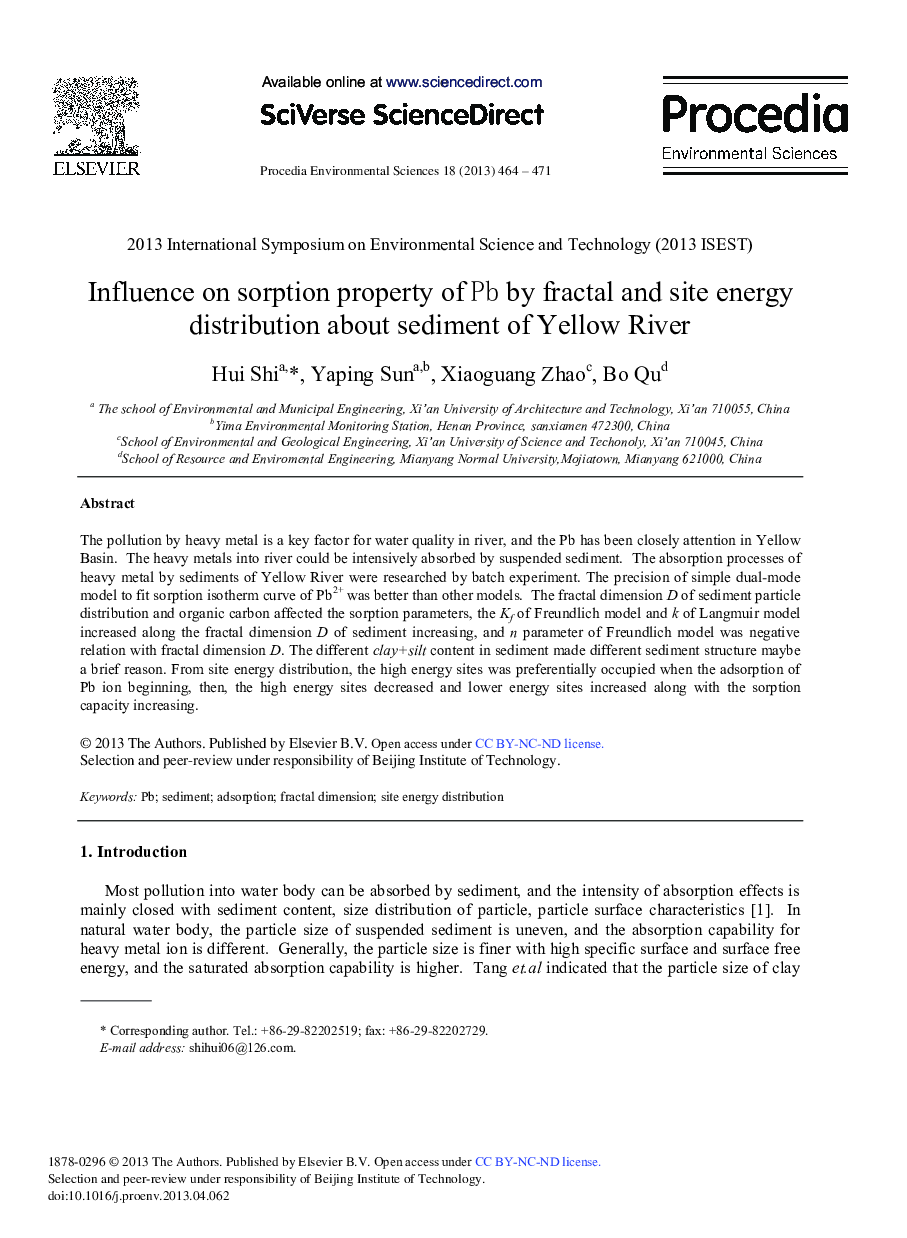 عکس صفحه اول مقاله: Influence on Sorption Property of Pb by Fractal and Site Energy Distribution about Sediment of Yellow River Influence on Sorption Property of Pb by Fractal and Site Energy Distribution about Sediment of Yellow River