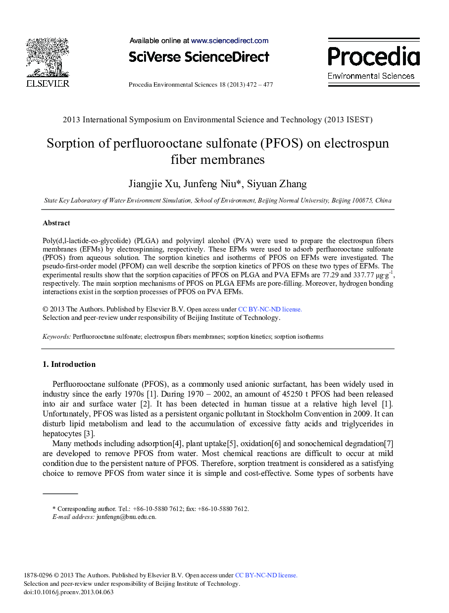 عکس صفحه اول مقاله: Sorption of Perfluorooctane Sulfonate (PFOS) on Electrospun Fiber Membranes Sorption of Perfluorooctane Sulfonate (PFOS) on Electrospun Fiber Membranes
