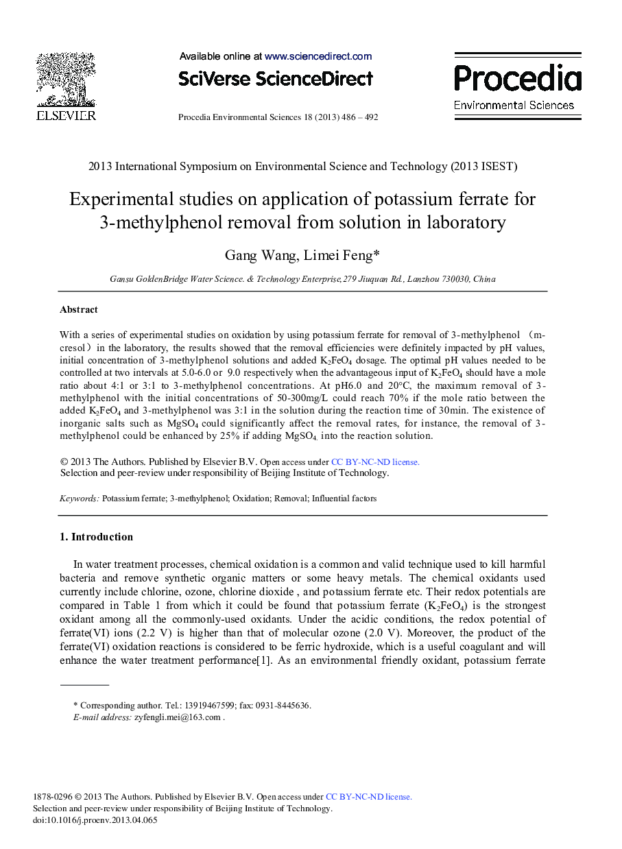 عکس صفحه اول مقاله: Experimental Studies on Application of Potassium Ferrate for 3-methylphenol Removal from Solution in Laboratory Experimental Studies on Application of Potassium Ferrate for 3-methylphenol Removal from Solution in Laboratory