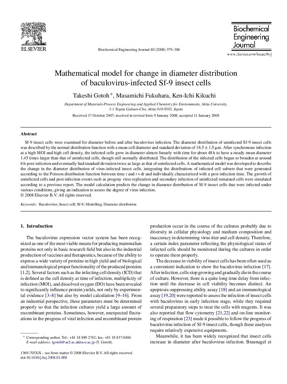 Mathematical model for change in diameter distribution of baculovirus-infected Sf-9 insect cells