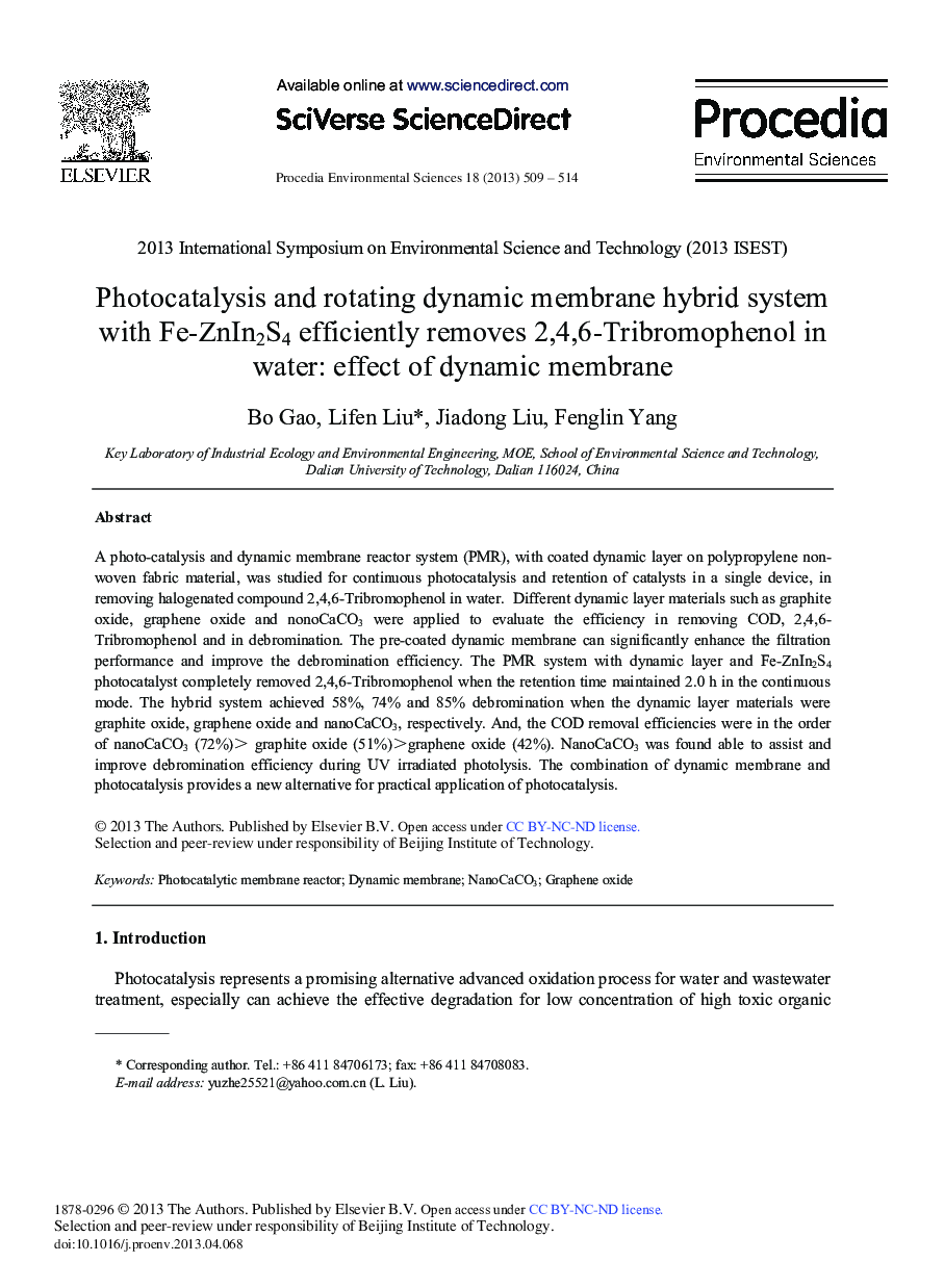 عکس صفحه اول مقاله: Photocatalysis and Rotating Dynamic Membrane Hybrid System with Fe-ZnIn2S4 Efficiently Removes 2,4,6-Tribromophenol in Water: Effect of Dynamic Membrane Photocatalysis and Rotating Dynamic Membrane Hybrid System with Fe-ZnIn2S4 Efficiently Removes 2,4,6-Tribromophenol in Water: Effect of Dynamic Membrane