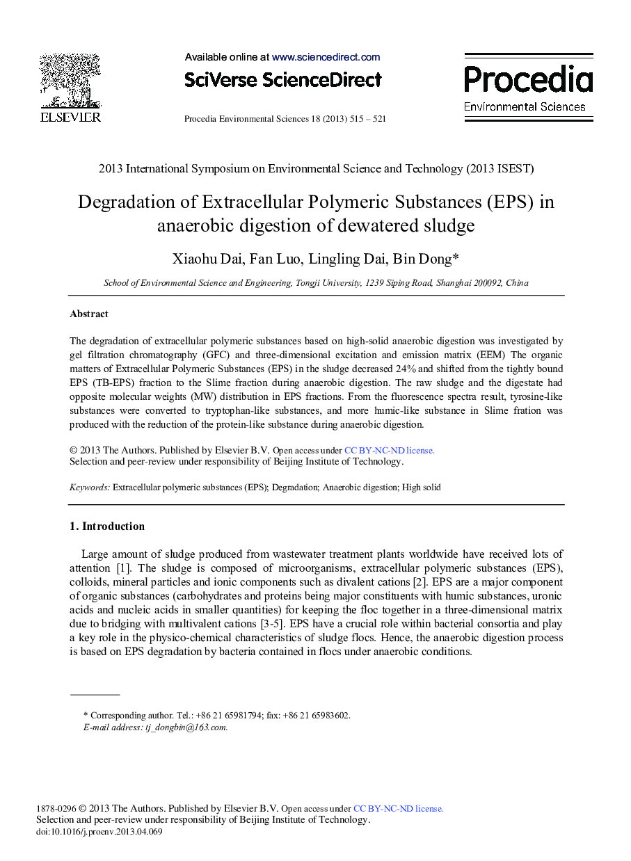 عکس صفحه اول مقاله: Degradation of Extracellular Polymeric Substances (EPS) in Anaerobic Digestion of Dewatered Sludge Degradation of Extracellular Polymeric Substances (EPS) in Anaerobic Digestion of Dewatered Sludge