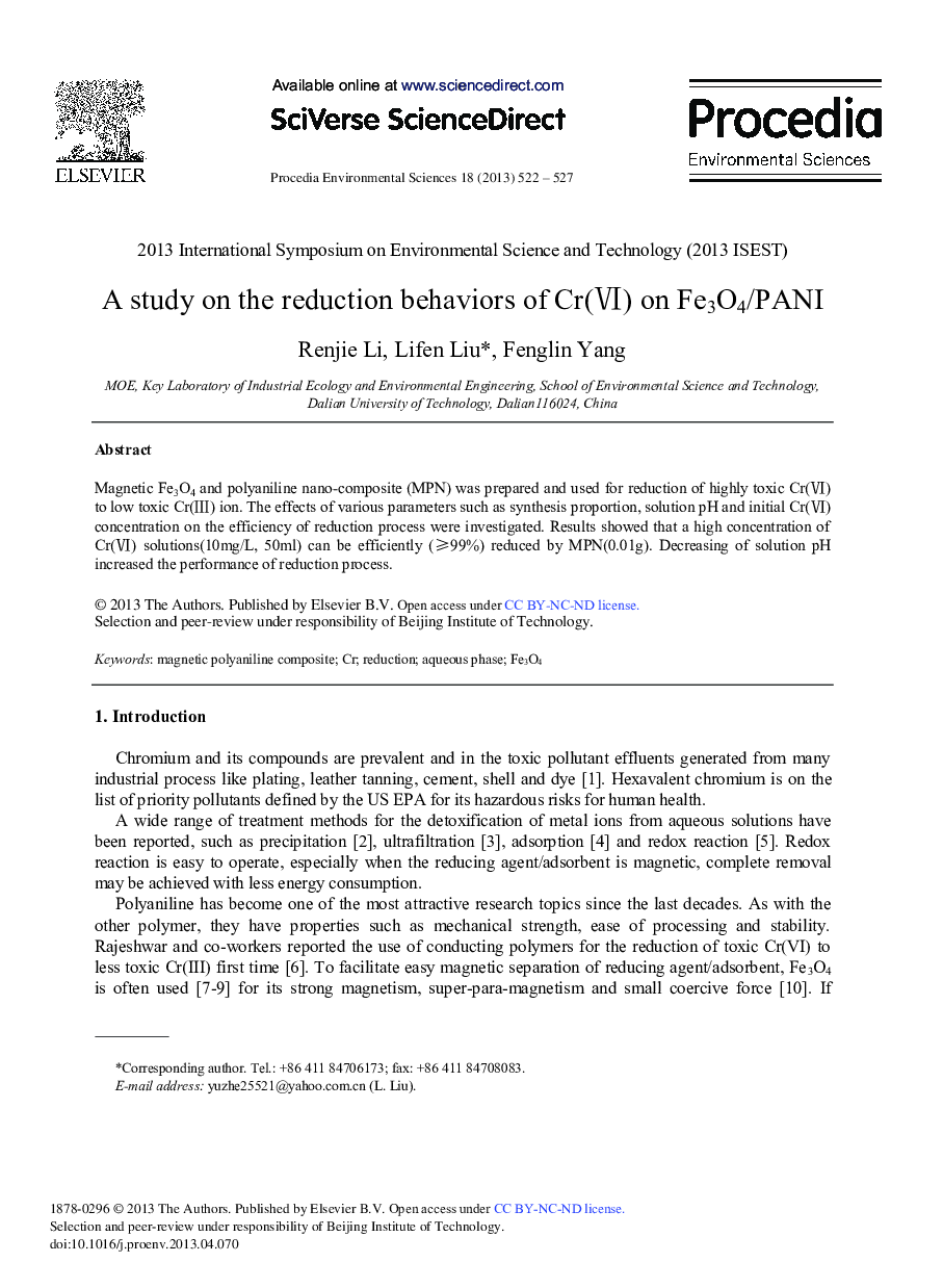 عکس صفحه اول مقاله: A Study on the Reduction Behaviors of Cr(VI) on Fe3O4/PANI A Study on the Reduction Behaviors of Cr(VI) on Fe3O4/PANI