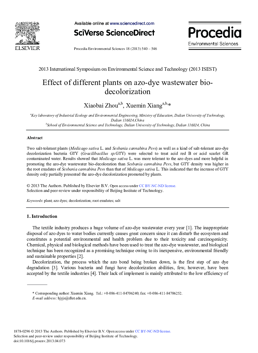 عکس صفحه اول مقاله: Effect of different plants on azo-dye wastewater bio-decolorization Effect of different plants on azo-dye wastewater bio-decolorization