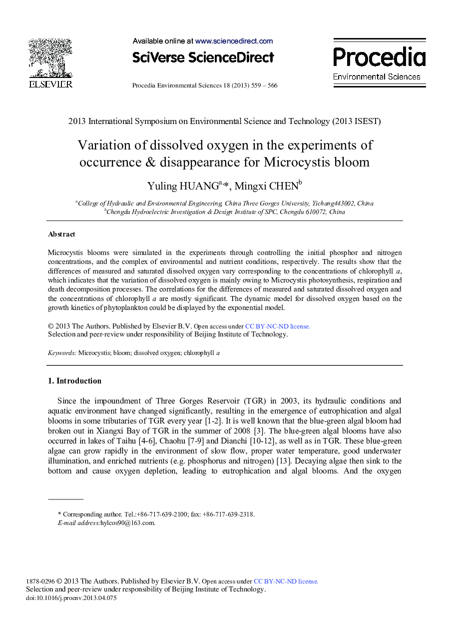 عکس صفحه اول مقاله: Variation of Dissolved Oxygen in the Experiments of Occurrence & Disappearance for Microcystis Bloom Variation of Dissolved Oxygen in the Experiments of Occurrence & Disappearance for Microcystis Bloom