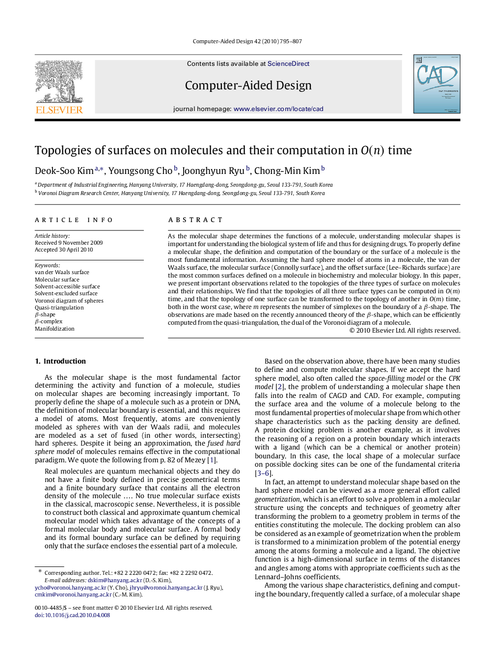 Topologies of surfaces on molecules and their computation in O(n)O(n) time