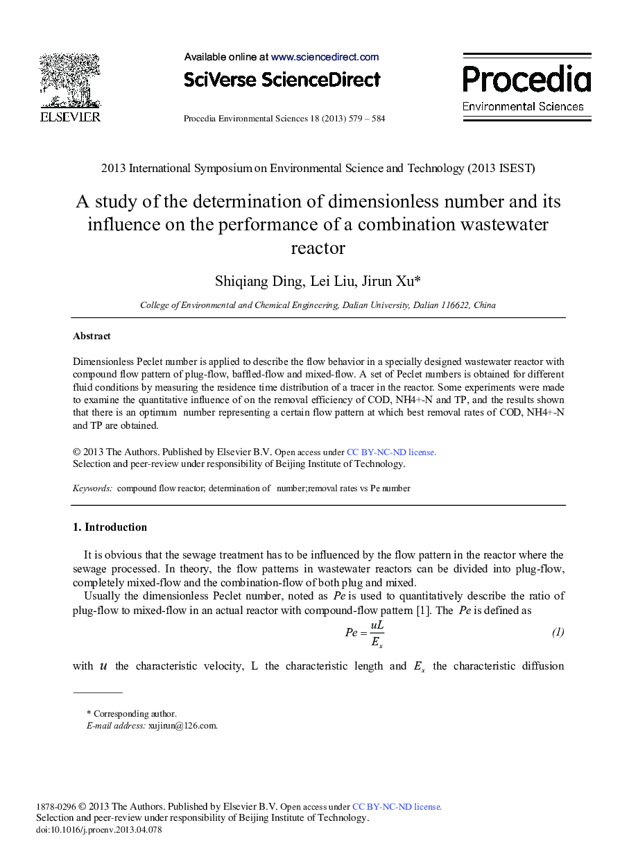 عکس صفحه اول مقاله: A Study of the Determination of Dimensionless Number and its Influence on the Performance of a Combination Wastewater Reactor A Study of the Determination of Dimensionless Number and its Influence on the Performance of a Combination Wastewater Reactor