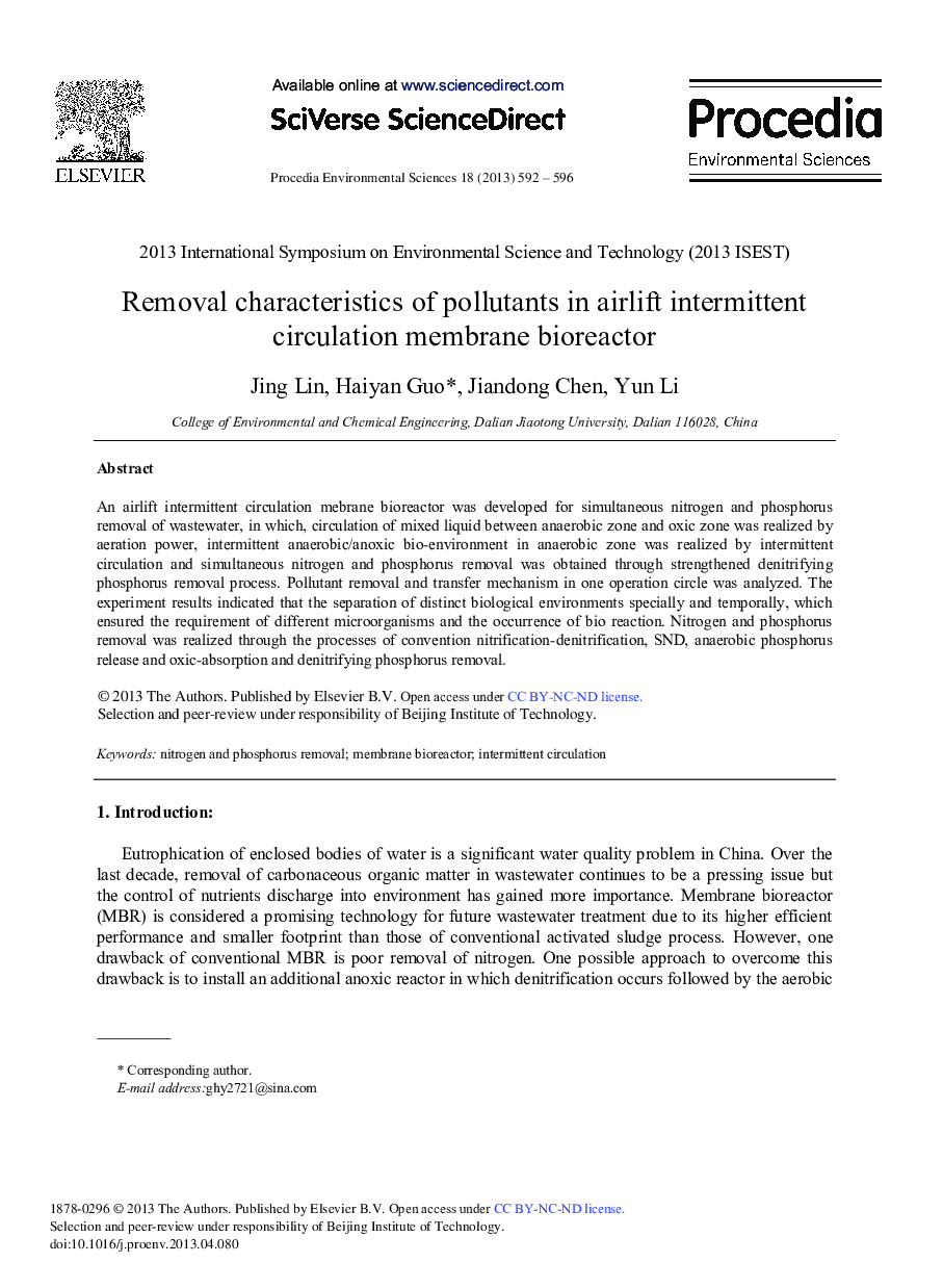 عکس صفحه اول مقاله: Removal Characteristics of Pollutants in Airlift Intermittent Circulation Membrane Bioreactor Removal Characteristics of Pollutants in Airlift Intermittent Circulation Membrane Bioreactor