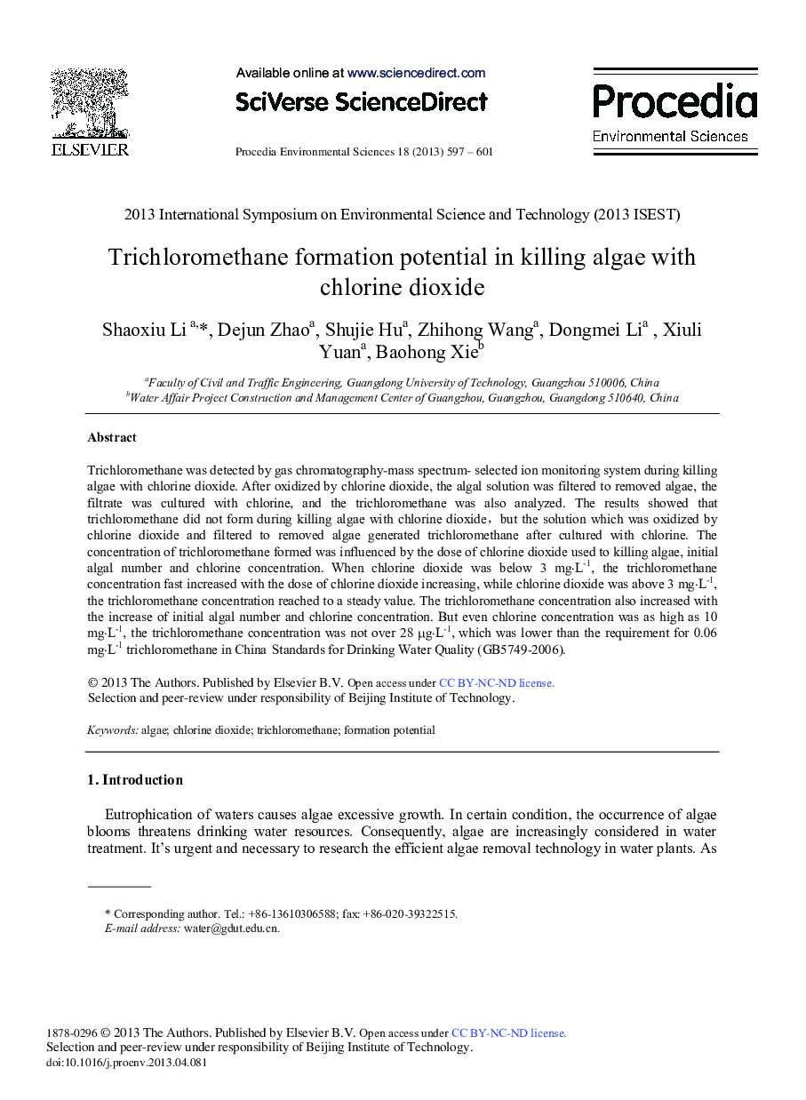 عکس صفحه اول مقاله: Trichloromethane Formation Potential in Killing Algae with Chlorine Dioxide Trichloromethane Formation Potential in Killing Algae with Chlorine Dioxide