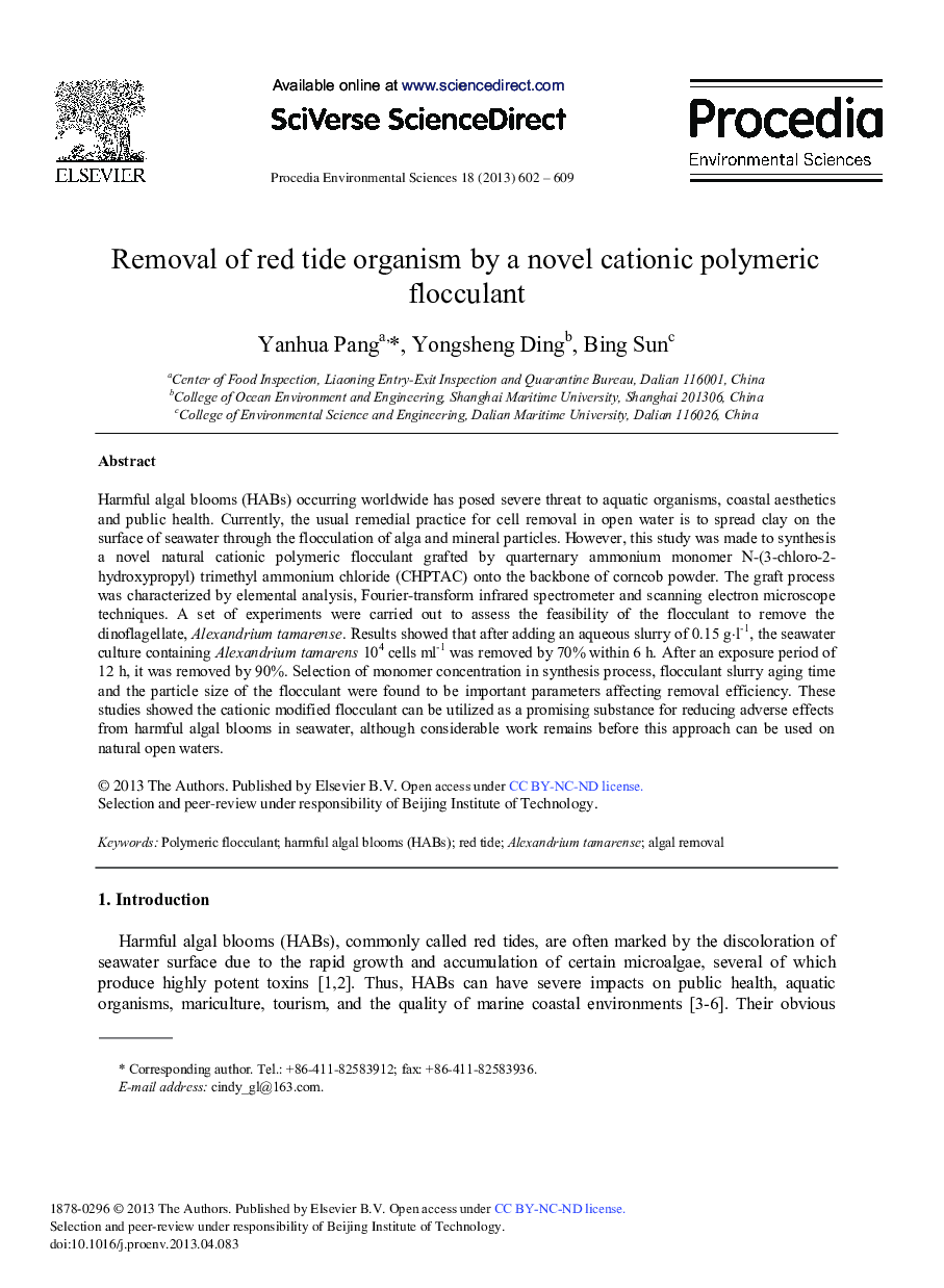 عکس صفحه اول مقاله: Removal of Red Tide Organism by a Novel Cationic Polymeric Flocculant Removal of Red Tide Organism by a Novel Cationic Polymeric Flocculant