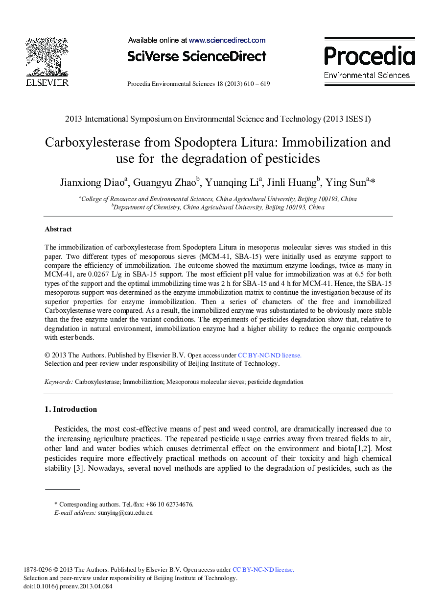 عکس صفحه اول مقاله: Carboxylesterase from Spodoptera Litura: Immobilization and use for the Degradation of Pesticides Carboxylesterase from Spodoptera Litura: Immobilization and use for the Degradation of Pesticides