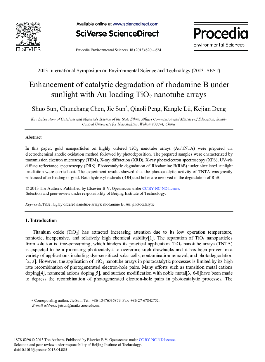 عکس صفحه اول مقاله: Enhancement of Catalytic Degradation of Rhodamine B under Sunlight with Au Loading TiO2 Nanotube Arrays Enhancement of Catalytic Degradation of Rhodamine B under Sunlight with Au Loading TiO2 Nanotube Arrays