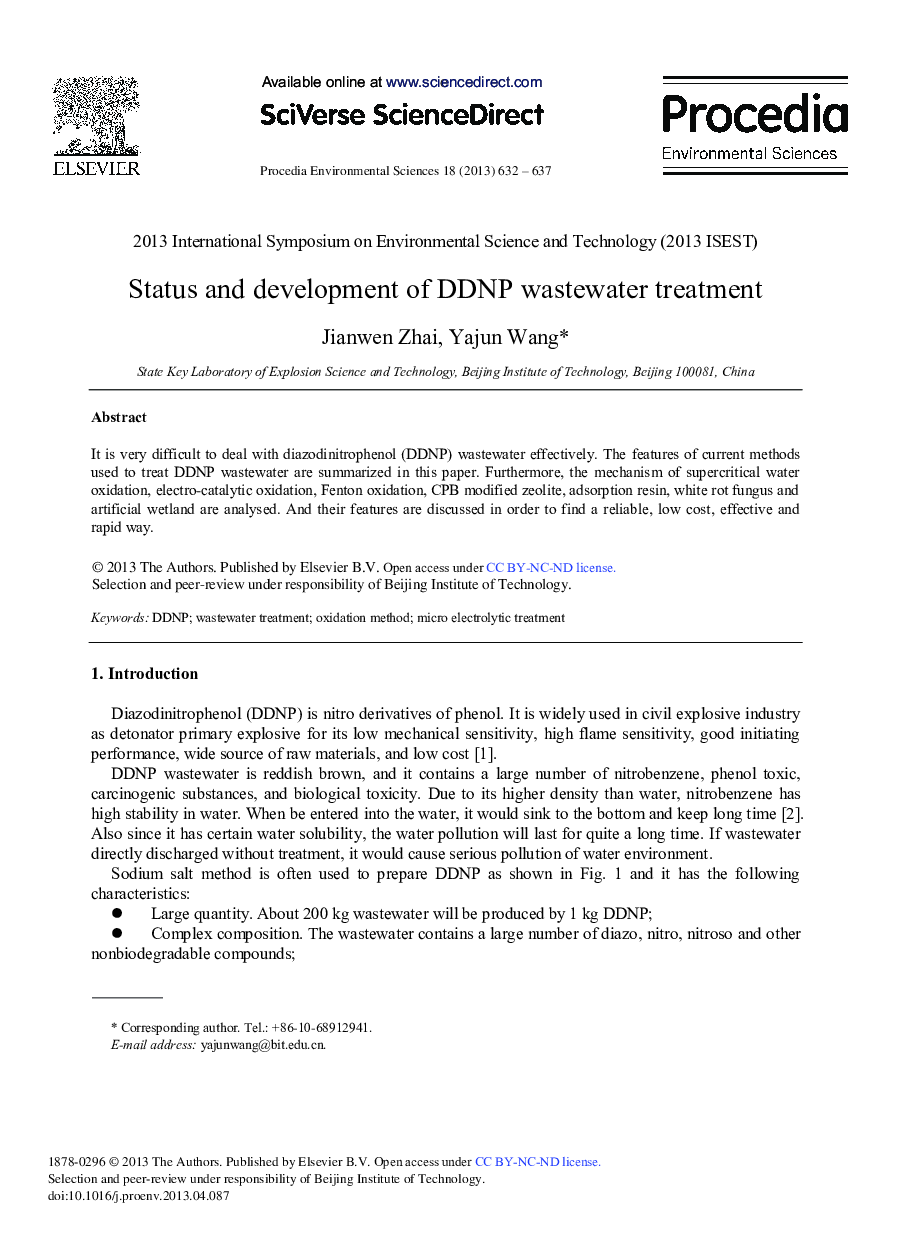 عکس صفحه اول مقاله: Status and Development of DDNP Wastewater Treatment Status and Development of DDNP Wastewater Treatment