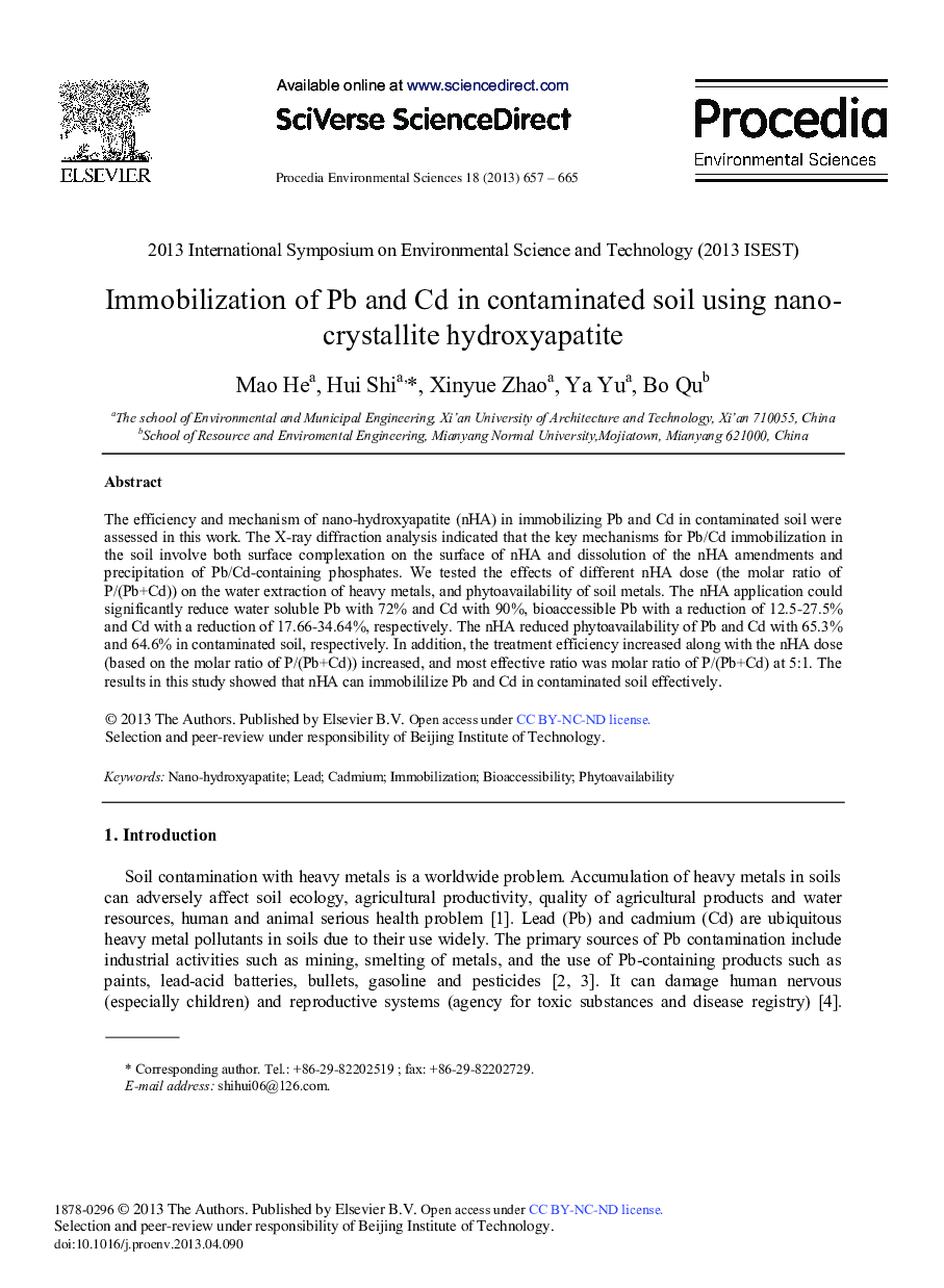 عکس صفحه اول مقاله: Immobilization of Pb and Cd in Contaminated Soil Using Nano-Crystallite Hydroxyapatite Immobilization of Pb and Cd in Contaminated Soil Using Nano-Crystallite Hydroxyapatite