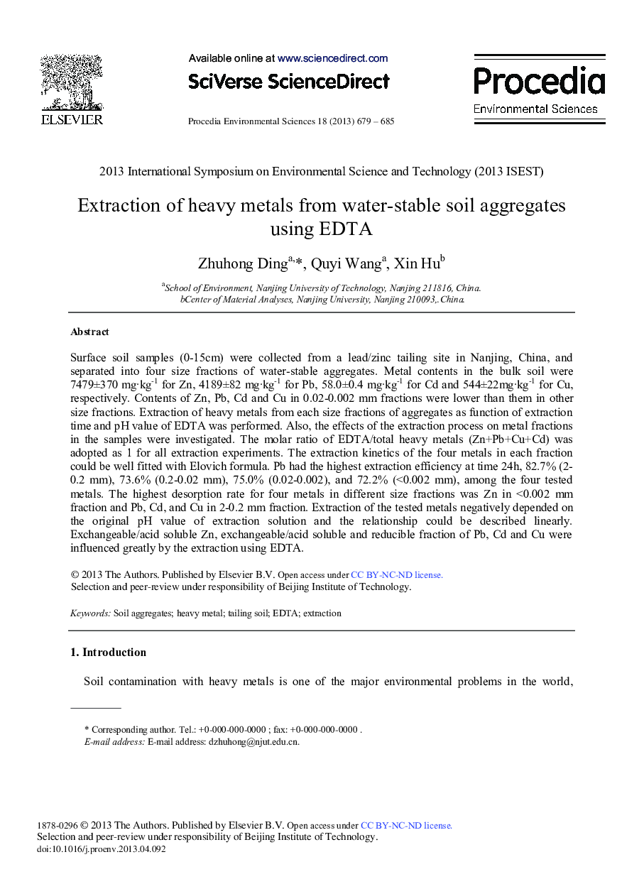 عکس صفحه اول مقاله: Extraction of Heavy Metals from Water-Stable Soil Aggregates Using EDTA Extraction of Heavy Metals from Water-Stable Soil Aggregates Using EDTA