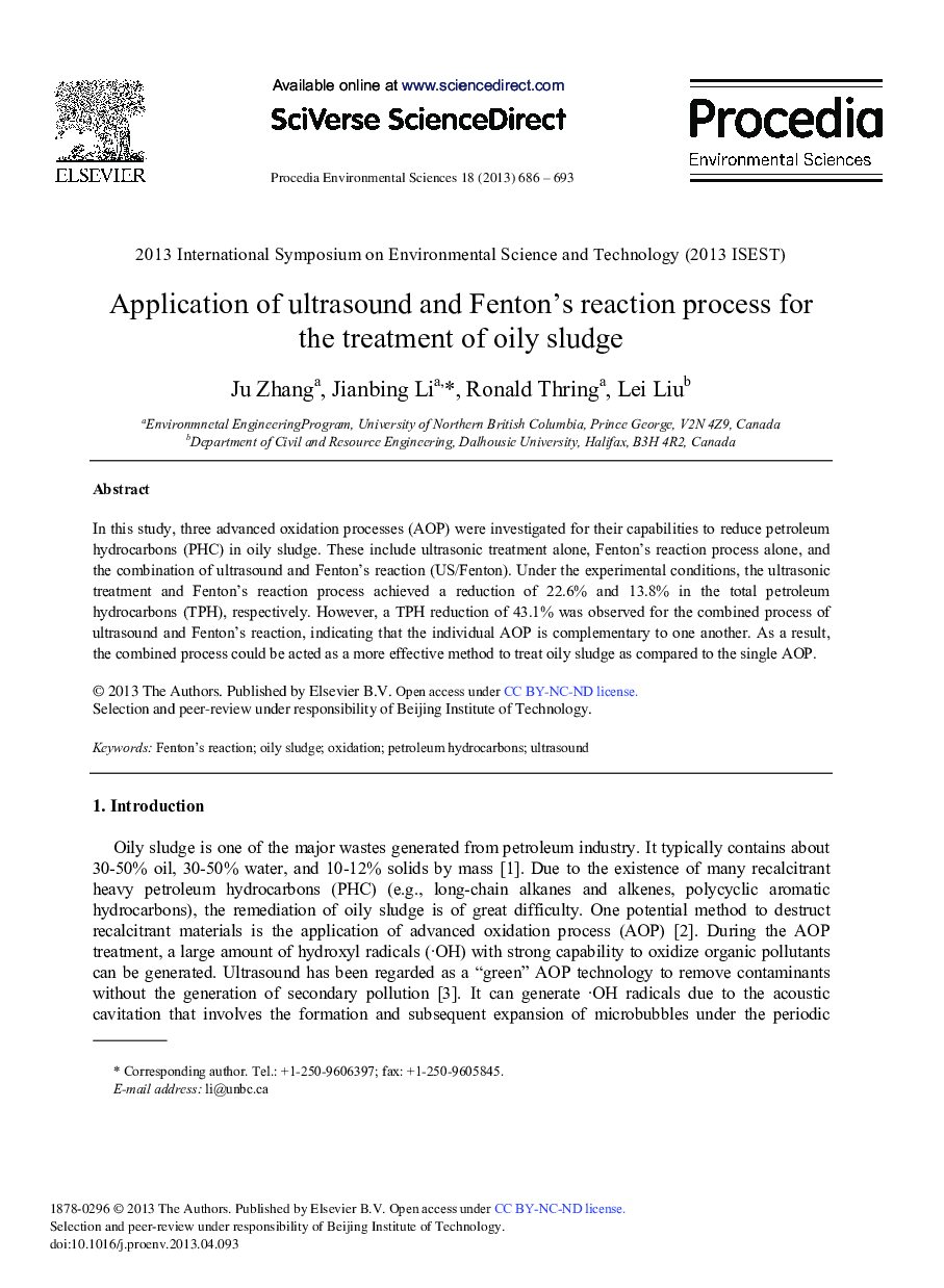 عکس صفحه اول مقاله: Application of Ultrasound and Fenton's Reaction Process for the Treatment of Oily Sludge Application of Ultrasound and Fenton's Reaction Process for the Treatment of Oily Sludge