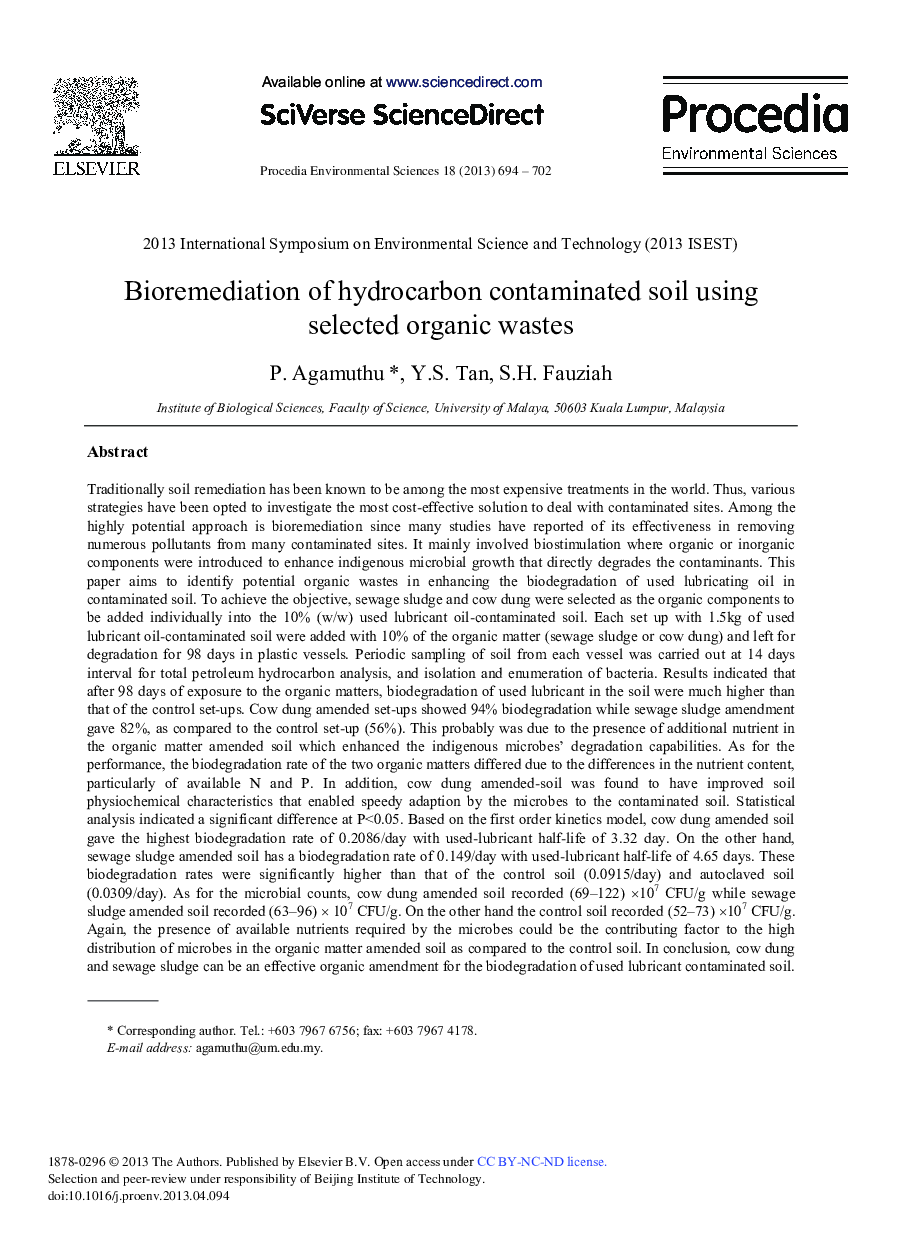 عکس صفحه اول مقاله: Bioremediation of Hydrocarbon Contaminated Soil Using Selected Organic Wastes Bioremediation of Hydrocarbon Contaminated Soil Using Selected Organic Wastes