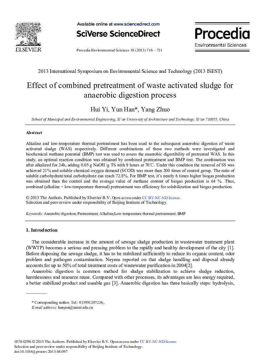 عکس صفحه اول مقاله: Effect of Combined Pretreatment of Waste Activated Sludge for Anaerobic Digestion Process Effect of Combined Pretreatment of Waste Activated Sludge for Anaerobic Digestion Process