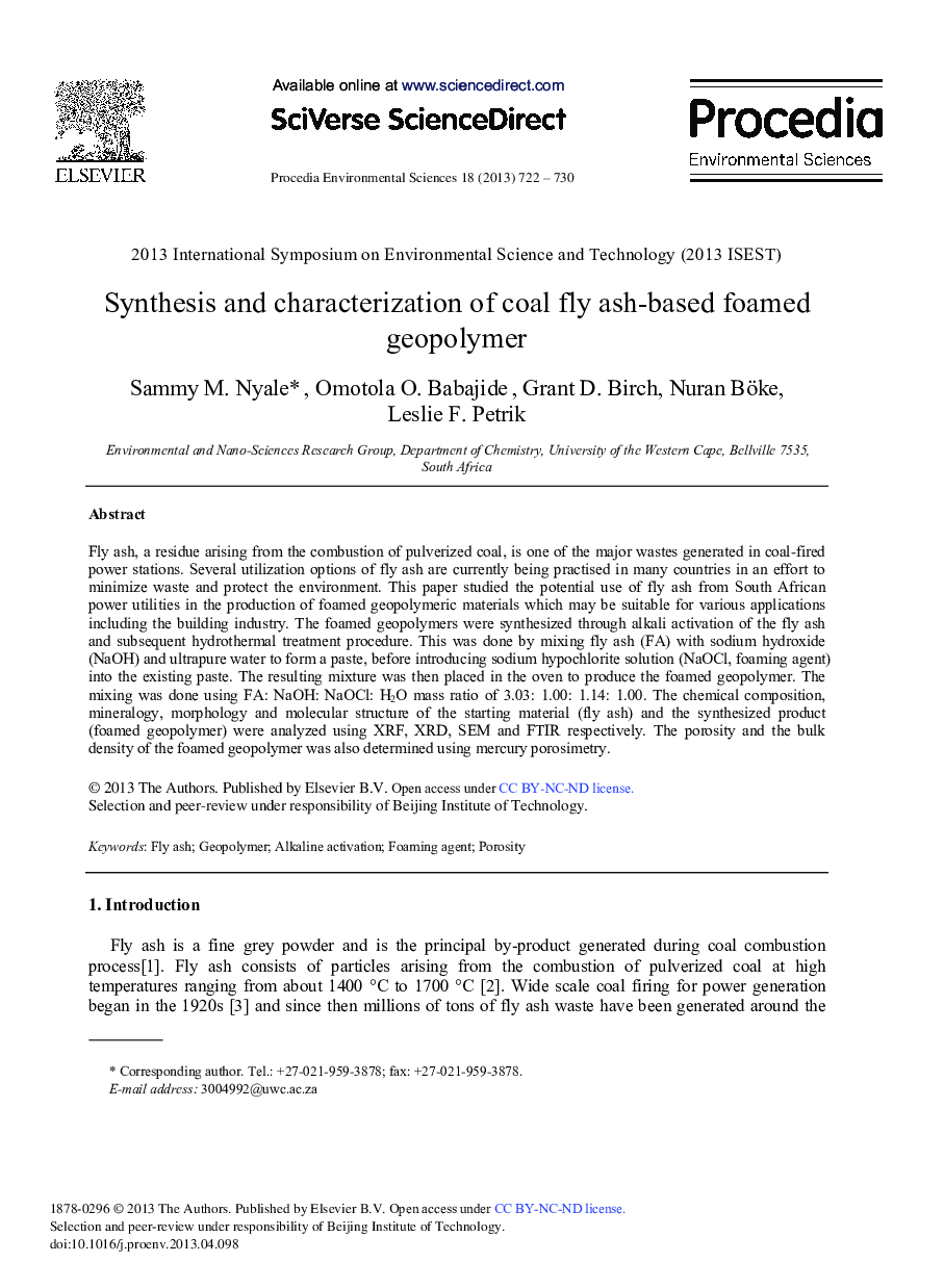 عکس صفحه اول مقاله: Synthesis and Characterization of Coal Fly Ash-based Foamed Geopolymer Synthesis and Characterization of Coal Fly Ash-based Foamed Geopolymer