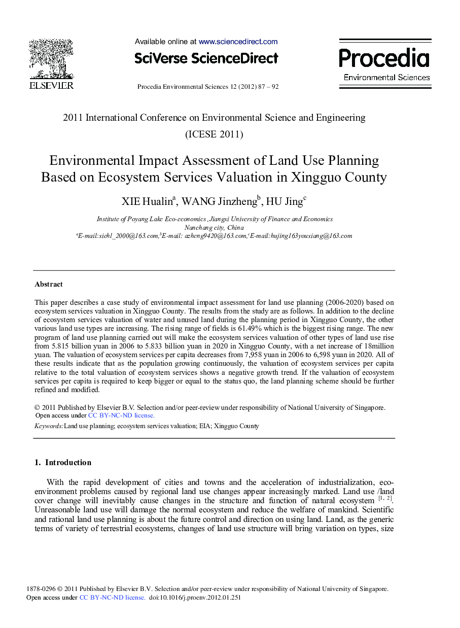 Environmental Impact Assessment of Land Use Planning Based on Ecosystem Services Valuation in Xingguo County