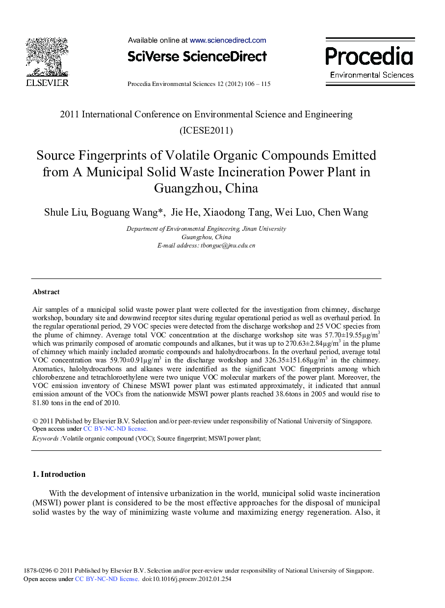 Source Fingerprints of Volatile Organic Compounds Emitted from A Municipal Solid Waste Incineration Power Plant in Guangzhou, China