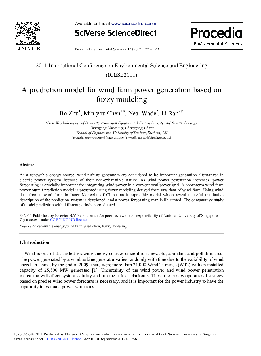 A prediction model for wind farm power generation based on fuzzy modeling