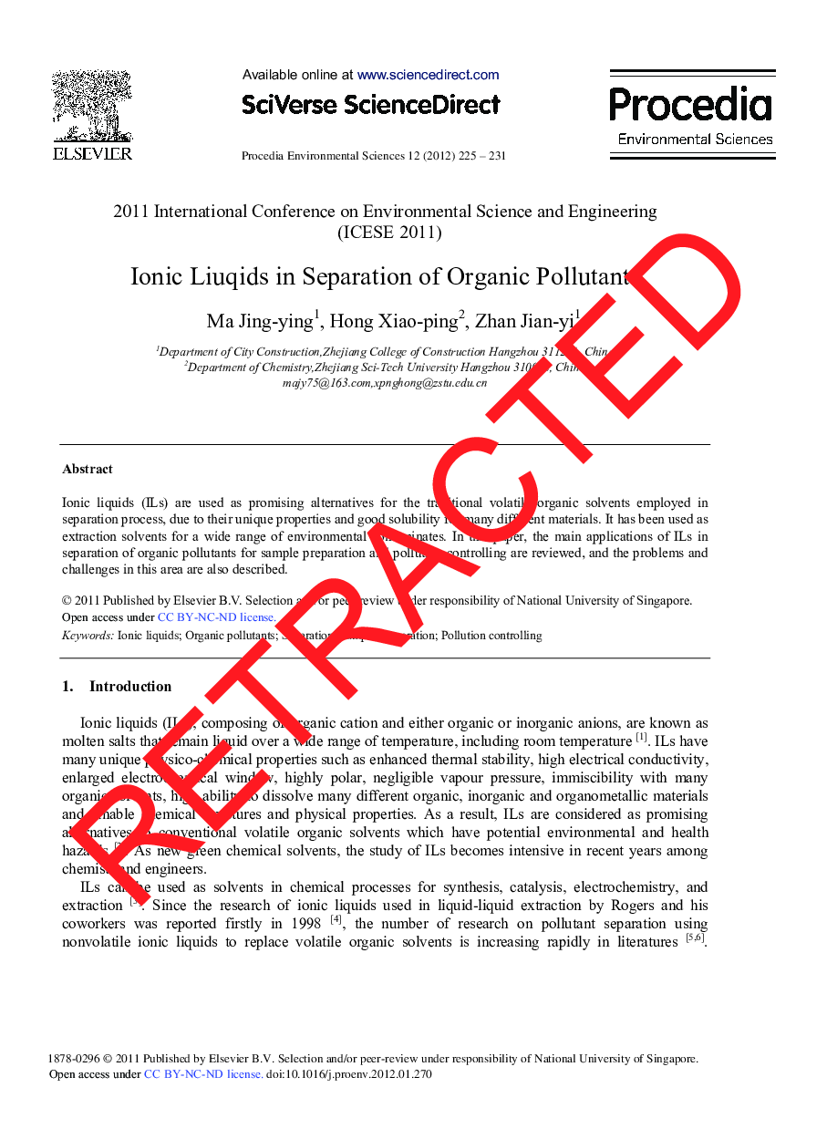 RETRACTED: Ionic Liuqids in Separation of Organic Pollutants